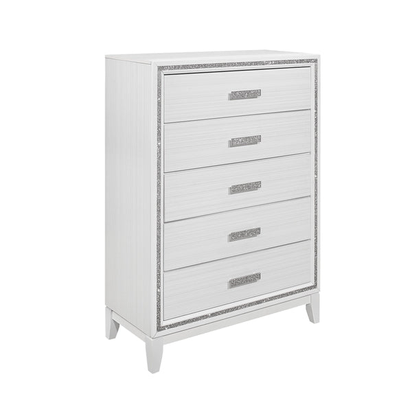 English Elm ALMERA Solid Wood 5PC Bedroom Set with LED Lighting, Glitter Accents, Tapered Legs & Mirror White King B201S00262