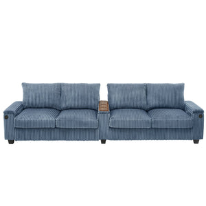 English Elm 4-seater Corduroy Sofa with USB Ports, Flip-Top Cup Holders, Hidden Arm Storage & Ultra-Deep Seats Blue N719S001990C