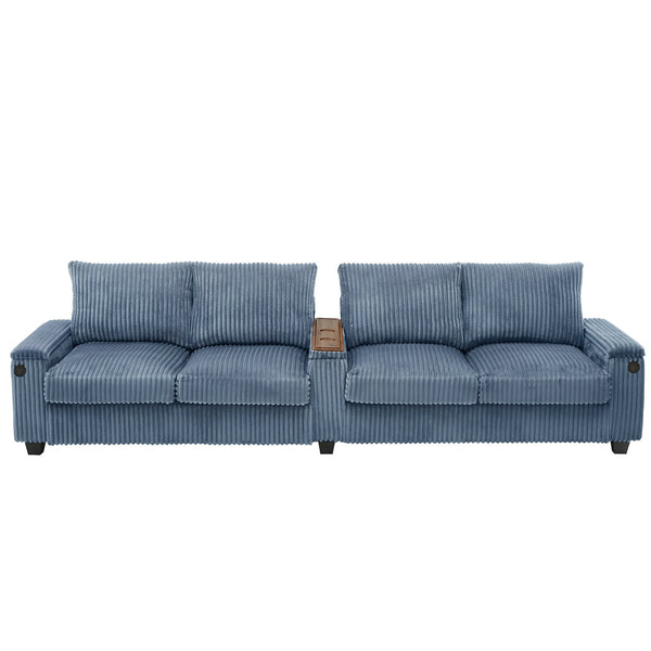 English Elm 4-seater Corduroy Sofa with USB Ports, Flip-Top Cup Holders, Hidden Arm Storage & Ultra-Deep Seats Blue N719S001990C