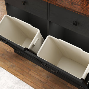 English Elm Farmhouse Black Barn Door Double Tilt-Out Trash Cabinet with 2 Drawers, 2x10Gal Hidden Recycling Storage and Waterproof Woodgrain Top W2557P324524