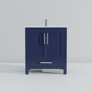 English Elm Navy 30" Bath Vanity with Carrara Marble Top, Soft-Close Drawer, Chrome Faucet & Storage Shelf B2731P259011