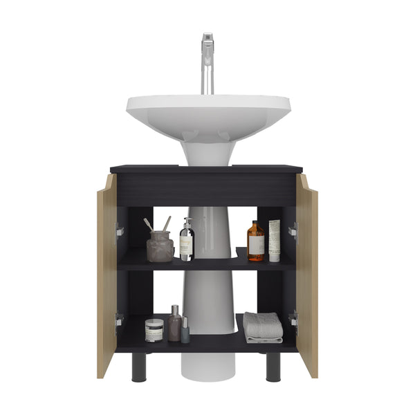 English Elm Under Sink Storage Cabinet with 2 Doors and Shelves — Sleek Oak & Black Wengue Finish for Bathrooms Natural+Black 27.56 L x 25.59 W x 5.12 H B097P395898