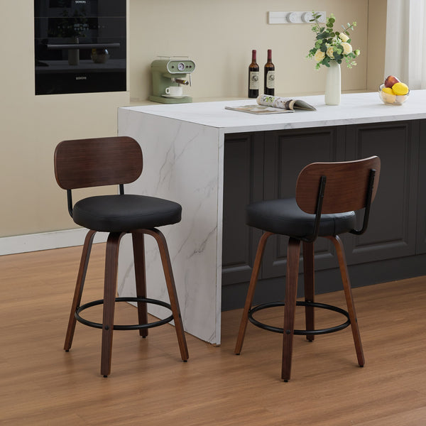 English Elm Swivel Mid Century Counter Stools Set of 2 with 360° Swivel, Walnut Bentwood Back and PU Seat Black W1143P300155