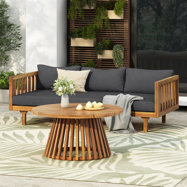 English Elm Christopher Knight Home® - Acacia Acacia Wood Patio Daybed and Round Coffee Table Set with Water-Resistant Cushions, Stylish Outdoor Lounge DARK GREY,Teak N770P234486F_N770P205537A