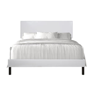 English Elm Modern White Pu Leather Platform Bed Upholstered Headboard Wood Slat Queen Frame B2771P498522