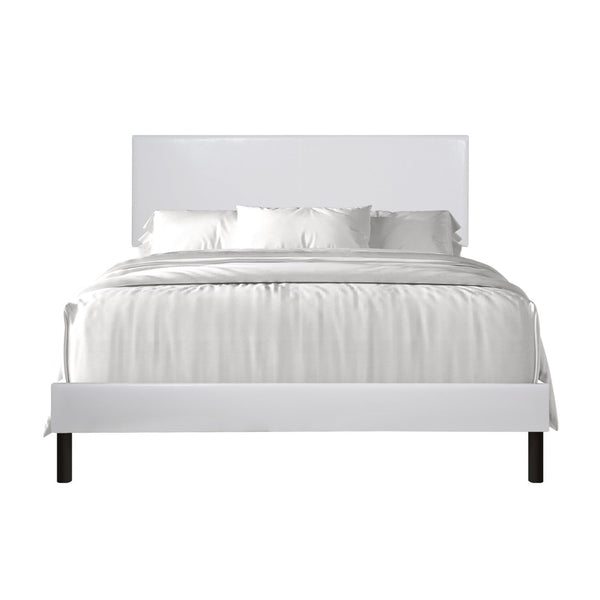 English Elm Modern White Pu Leather Platform Bed Upholstered Headboard Wood Slat Queen Frame B2771P498522