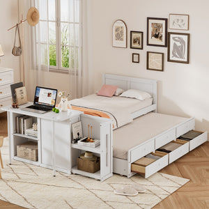 English Elm Twin Size Multifunctional Wood Platform Bed With Desk and Storage Shelf At The End Of The Bed, Built-In Trundle and 3 Drawers, White