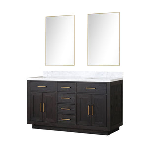 English Elm Black Oak Double Bath Vanity 60" W With Carrara Marble Top & Modern Frameless Mirrors For Elegance B2731S02137