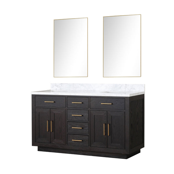 English Elm Black Oak Double Bath Vanity 60" W With Carrara Marble Top & Modern Frameless Mirrors For Elegance B2731S02137