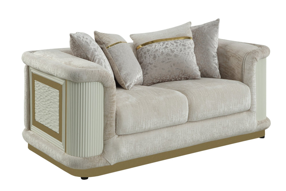 English Elm Bona Art Deco Loveseat Cream Fabric Diamond Panel Gold Rail Base with Toss Pillows B009P417486