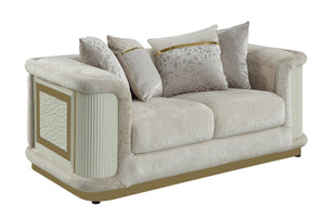 English Elm Bona Art Deco Loveseat Cream Fabric Diamond Panel Gold Rail Base with Toss Pillows B009P417486