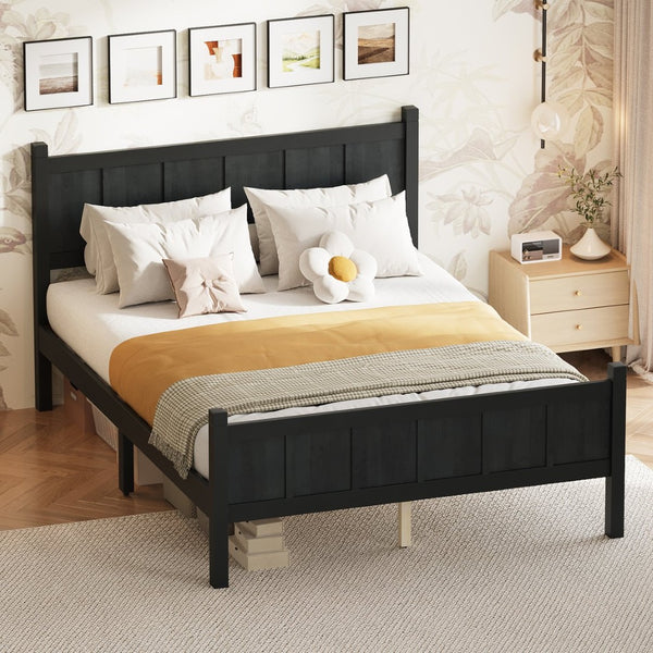English Elm Twin Platform Bed Vertical Slat Headboard Farmhouse Shaker Wood Grain Finish Bedroom Black N733P422479E