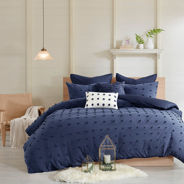 JLA Home Urban Habitat - Cotton Brooklyn Cotton Jacquard Duvet Cover Set with Tufted Chenille Dots, Quilted Euro Shams and Pillows Navy UH12-2265