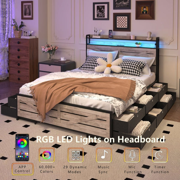 English Elm Queen-size Storage Platform Bed with Led Headboard 12 Drawers and Charging Station Gray W5026P404143