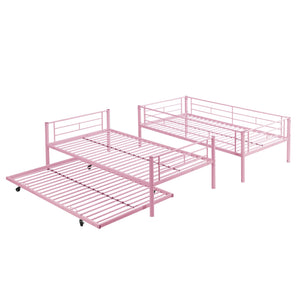 English Elm METAL Twin-Over-Twin Bunk Bed with Trundle Pink — Sturdy Steel Frame, Space-Saving, Quiet & Safe Steps W311P256413