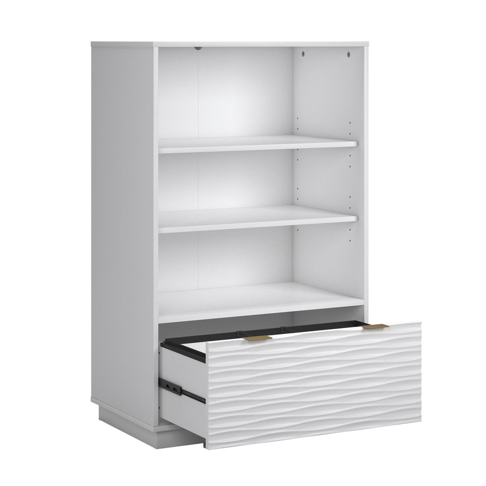 English Elm Bookcase With Drawer - Elegant White Finish, Gold Accents, Adjustable Shelves & Compact Design For Storage B356P402657
