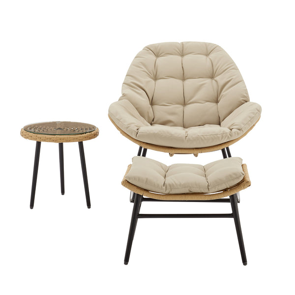 English Elm Benson 3-Piece Lounge Set Cream – Weatherproof PE Rattan, Tufted Cushions, Tempered Glass Table B365P397651