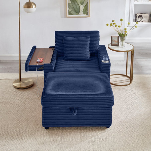 English Elm Comfortable Fluffy Corduroy Lazy Sofa with Storage Ottoman, Convertible Arm Table and USB Charging Blue W3705P349928