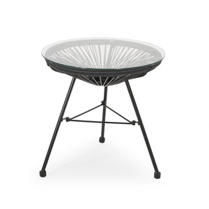 English Elm Christopher Knight Home® - NUSA Side Table with Tempered Glass Top and Handcrafted Rattan Base — Modern Outdoor Accent Table Black 66627.00BLK