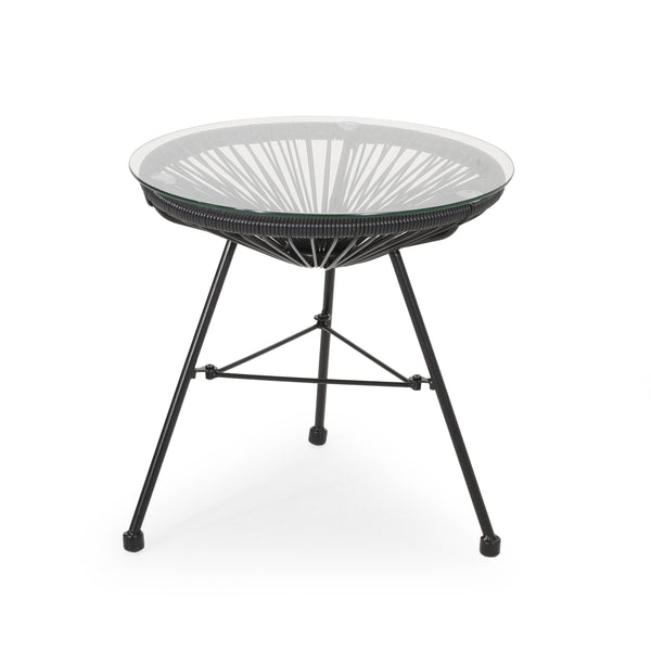 English Elm Christopher Knight Home® - NUSA Side Table with Tempered Glass Top and Handcrafted Rattan Base — Modern Outdoor Accent Table Black 66627.00BLK
