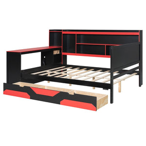 English Elm Full Size Gaming Bed Frame with Desk Led Lights Storage Drawers and Charging Station Black+Red LP000289AAJ