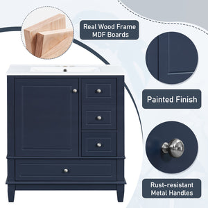 English Elm Christopher Knight Home® - 30" Freestanding Bathroom Vanity with Ceramic Sink, Soft-Close Door, Gold Knobs & 3 Drawers, Durable Painted Finish Blue N759P225994C