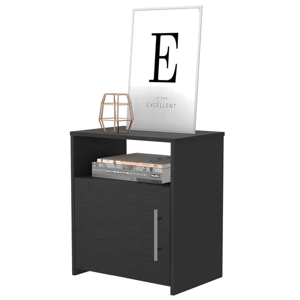 English Elm Bristol Nightstand with Cabinet and Shelf in Black Engineered Wood, Steel Nickel Handles, 20" Top B128P148876