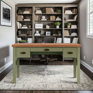 English Elm 53 Farmhouse Writing Desk 53" Two-Tone Sage Green & Fruitwood Finish, Assembled, Drawers, Bronze Hardware B108P160216
