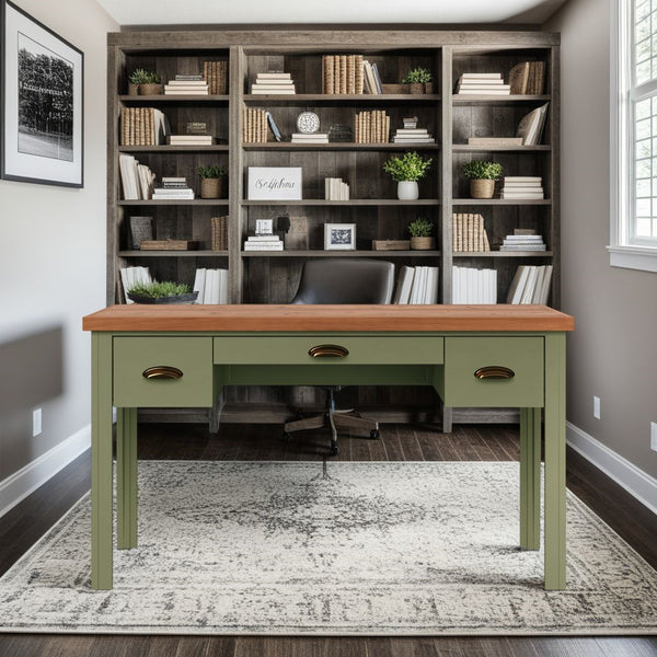 English Elm 53 Farmhouse Writing Desk 53" Two-Tone Sage Green & Fruitwood Finish, Assembled, Drawers, Bronze Hardware B108P160216