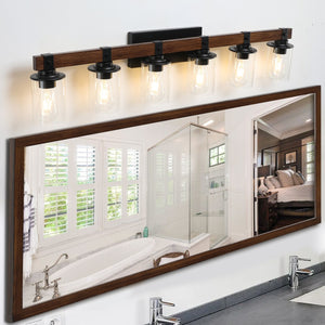 English Elm 42" Rustic 6-Light Vanity Light - Farmhouse Industrial Wall Sconce with Wood Accent & Clear Glass Shades W2312P374785