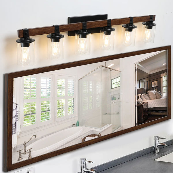English Elm 42" Rustic 6-Light Vanity Light - Farmhouse Industrial Wall Sconce with Wood Accent & Clear Glass Shades W2312P374785