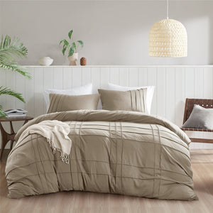 JLA Home Comfort Spaces - Soft Washed Pleated Duvet Cover Set with OEKO-TEX Soft Microfiber, Grid Pinch-Pleat & Button Closure Khaki AM12-0431