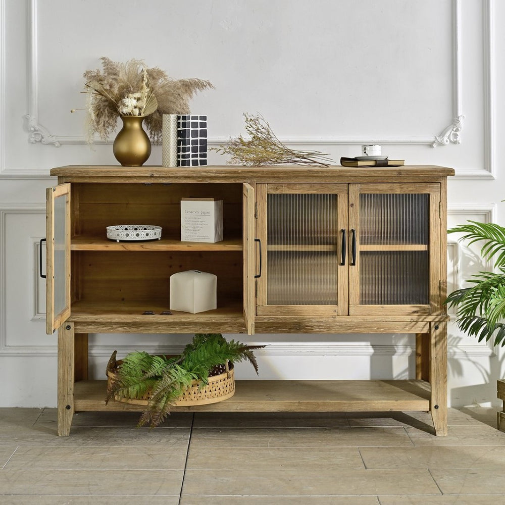English Elm 59.06" Rustic Wood Sideboard with Glass Door Cabinet and Open Shelf for Dining Room W3933P379119