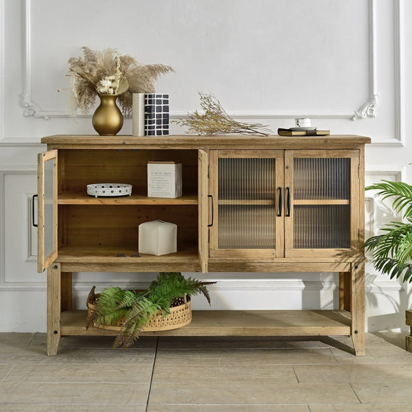 English Elm 59.06" Rustic Wood Sideboard with Glass Door Cabinet and Open Shelf for Dining Room W3933P379119