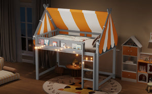 English Elm Full Size Solid Wood Loft Bed with Canopy Led Lighting and Integrated Bookshelf Gray N7090002242E