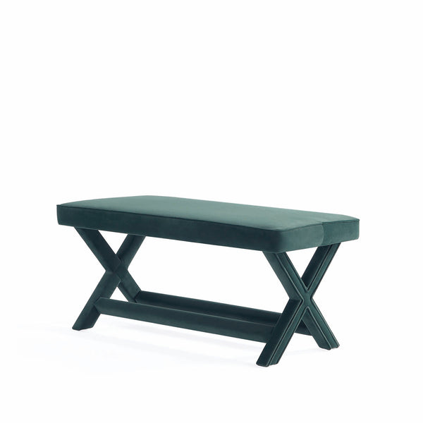 English Elm Abigail Velvet Upholstered Accent Bench in Forest Green with Solid Wood X-Leg Frame, Plush Cushion B365P398206