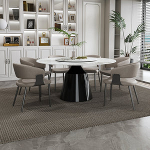 English Elm 59" Round 7-Piece Dining Set - Modern Faux Marble Table With Lazy Susan & 6 Pu Leather Chairs For Home W2700S00038