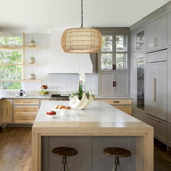 English Elm Rattan 5-Light Farmhouse Chandelier — Handwoven Boho Rattan & Metal Pendant Light, Height Adjustable W2738P324209