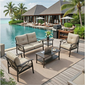 English Elm 5-piece Outdoor Steel Conversation Set with Thick Foam Cushions for Patio or Deck Beige B082S00121