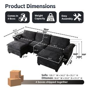 English Elm Living Room U-shaped Chenille Sectional Sofa with Two Ottomans Pocket Coil Comfort Black W1097S00241