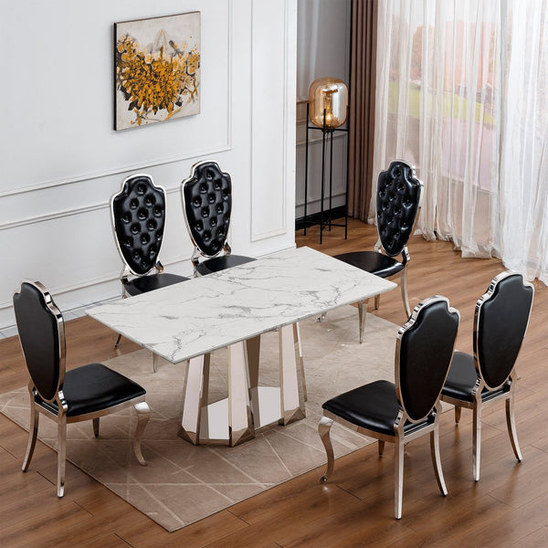 English Elm Marble Dining Table For 6 – Modern Rectangular Faux Marble Top With Sleek Stainless Steel Base W3456S00014
