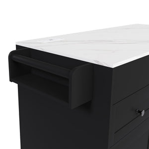English Elm 74.8" Rolling Kitchen Island Extendable Marble Veneer Top with Power Outlet and Storage W2700S00106