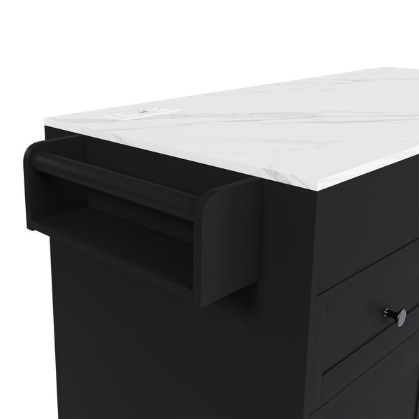 English Elm 74.8" Rolling Kitchen Island Extendable Marble Veneer Top with Power Outlet and Storage W2700S00106