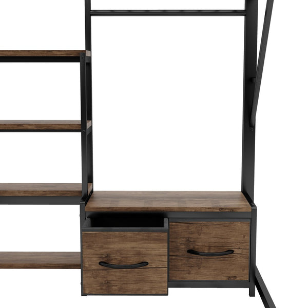 English Elm Queen Size Loft Bed With Desk & Led Lighting - Stylish Metal Bed With Storage & Workstation For Small Spaces W2593S00041-GIGA
