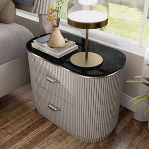 English Elm Contemporary Stone Top Nightstand Reeded Drawers Chrome Pulls Gray Bedroom Storage B2741P435313