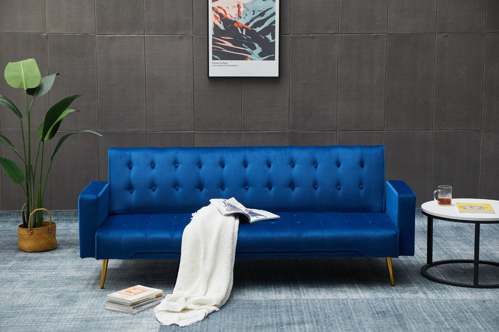 English Elm Sofa Bed Velvet Upholstered Convertible with Gold Metal Legs for Studio Spaces Dark Blue B205P246427