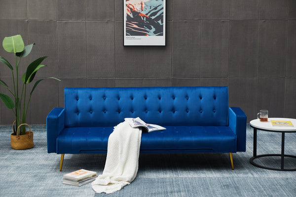 English Elm SOFA Velvet Convertible Sofa Bed with Golden Legs, Solid Wood Frame, Compact Design for Small Spaces Dark Blue B205P246427