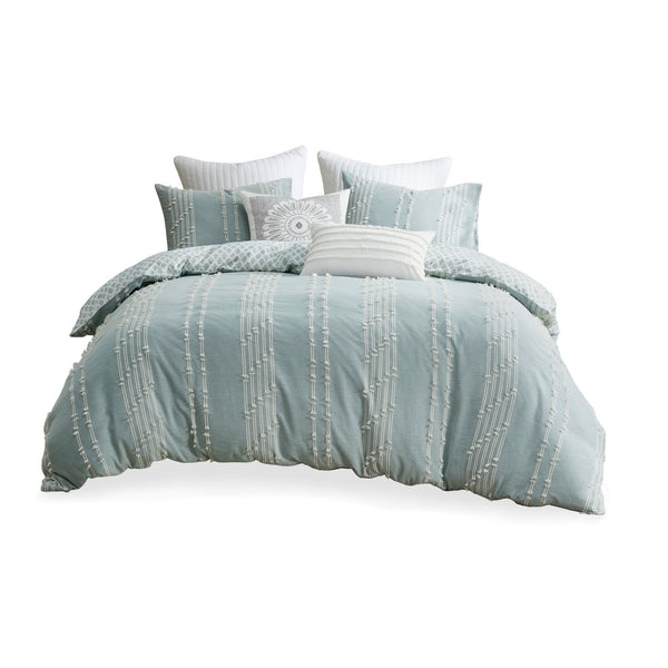English Elm King/Cal Kara Cotton Jacquard Duvet Cover Set - Eco OEKO-TEX, Aqua Diamond Reverse, Button Closure, 3pc B03596483