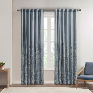 JLA Home Madison Park - Curtain embroidered faux silk panel with tree branch motif, lined for privacy and luxe drape, versatile hanging Blue MP40-1297