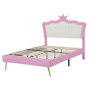 English Elm Full Size Upholstered Princess Bed Frame With Led Lights, Crown Headboard In Pink & White Design W2770P190360